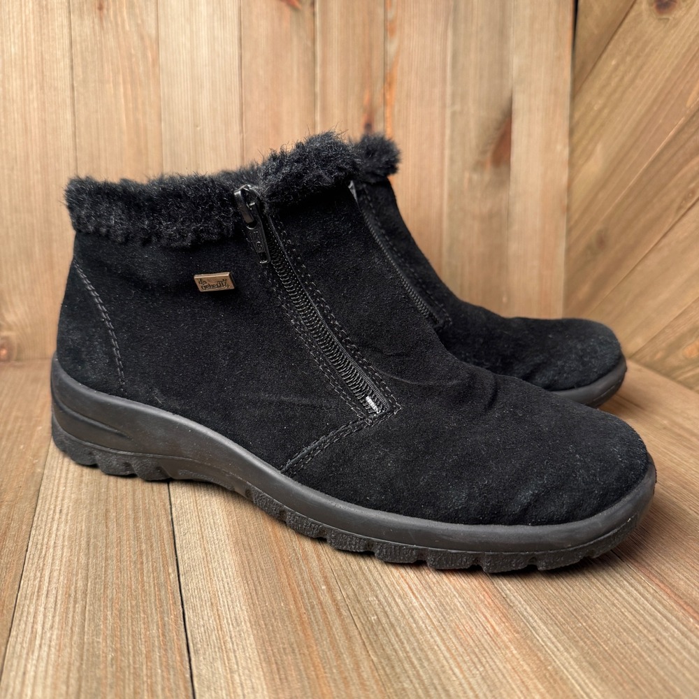 Rieker Tex Sz 38 Waterproof‎ Suede Leather Winter Ankle Boots Zip Faux Fur Black